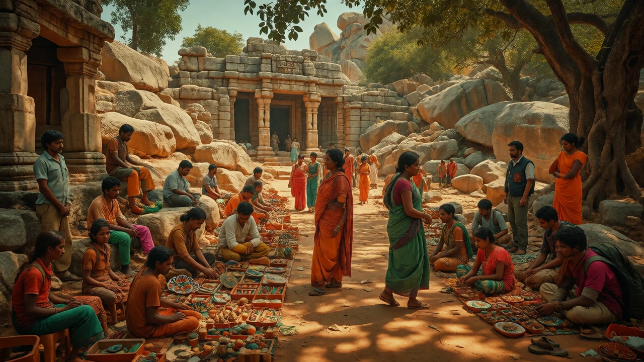 Local vendors and tourists interacting amidst Hampi ruins
