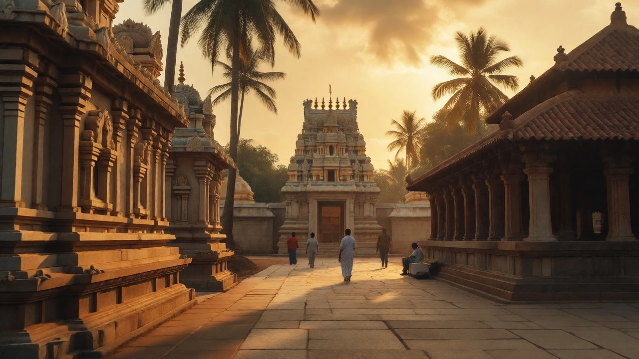 Peaceful temple complex in South India bathed in warm golden hour light