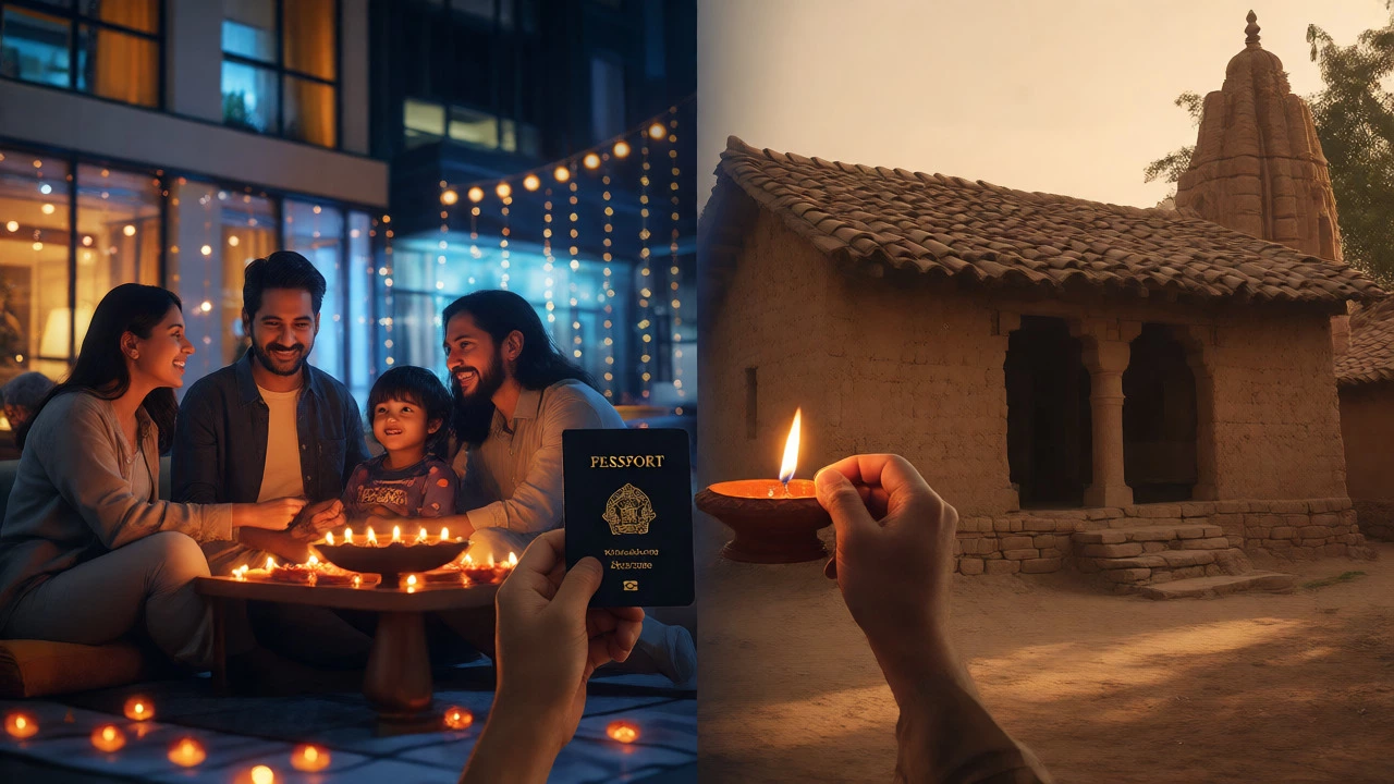 Person bridging modern city life and ancestral village traditions
