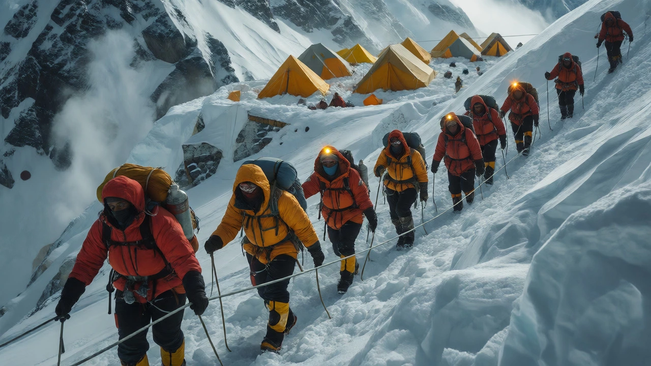 Porters hauling gear along fixed ropes toward high-altitude camps