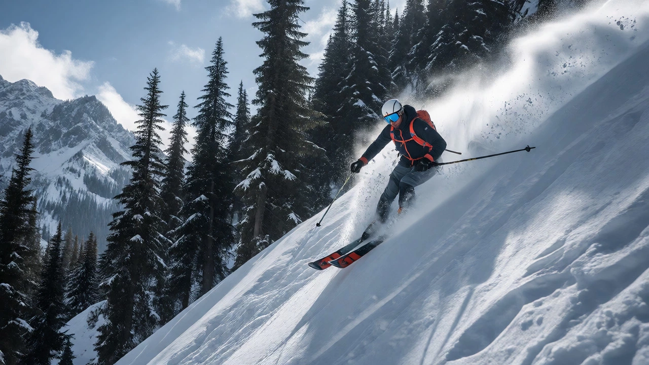 Skier descending a steep snowy slope in the Pir Panjal mountains