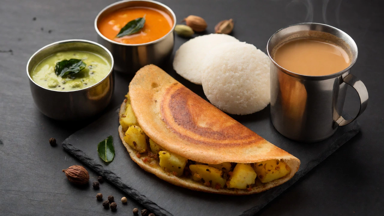 South Indian breakfast with dosa, idli, sambar, and filter coffee