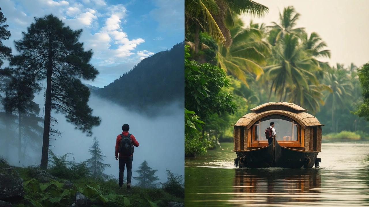 Split view comparing Himalayan mountains and Kerala backwaters for travelers