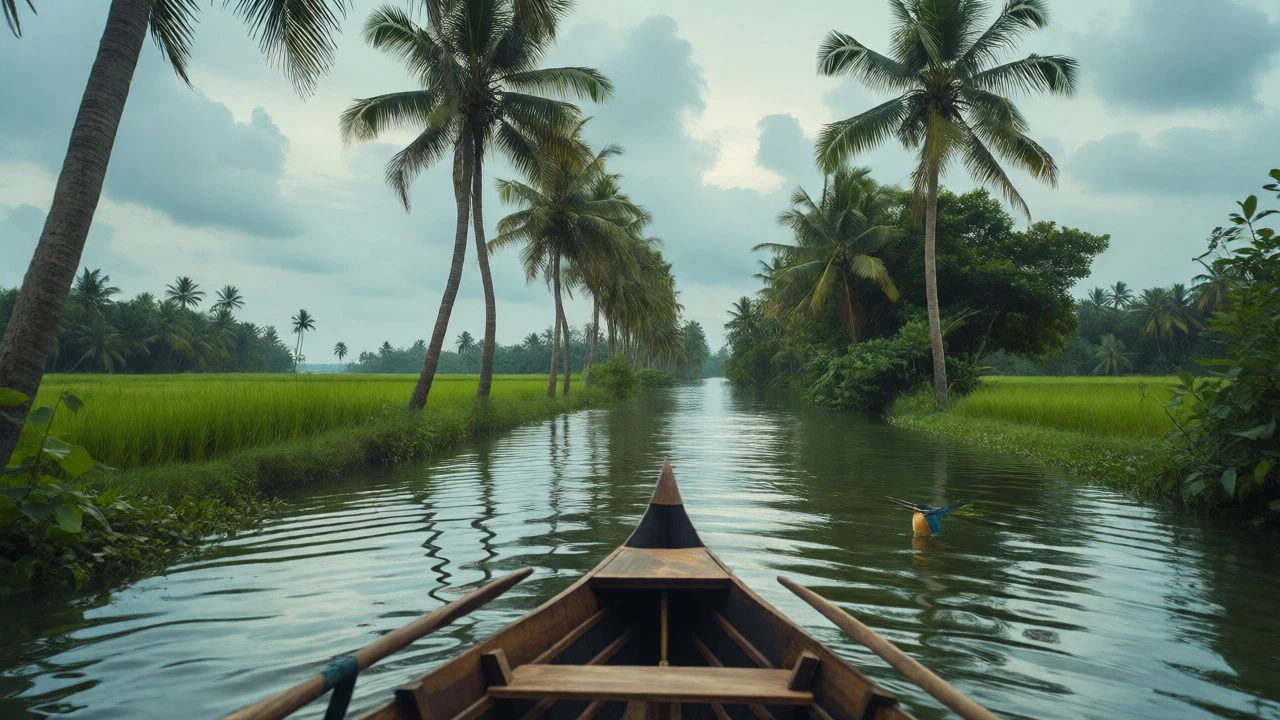 Traditional houseboat gliding through lush Kerala backwater canals