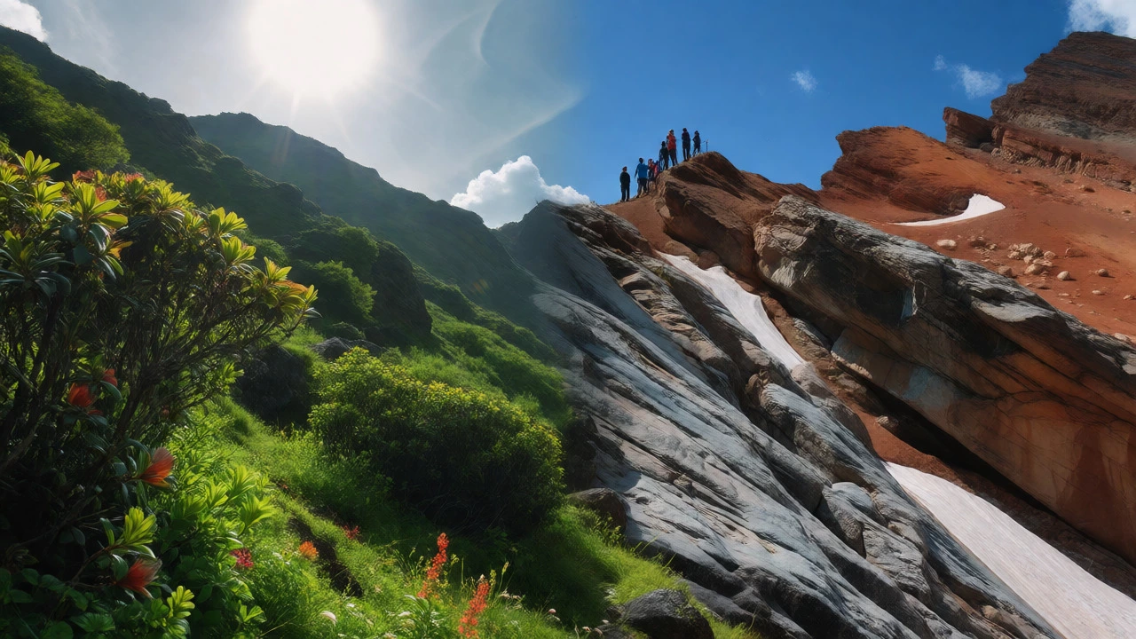 Trekkers at Hampta Pass seeing the contrast between green valleys and barren landscapes