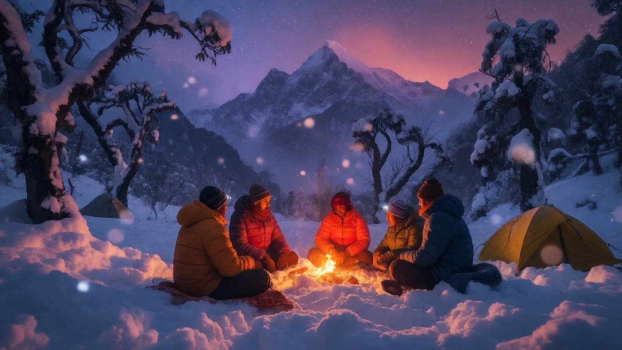 Winter campsite at Kedarkantha with trekkers warming up near a fire under starry skies